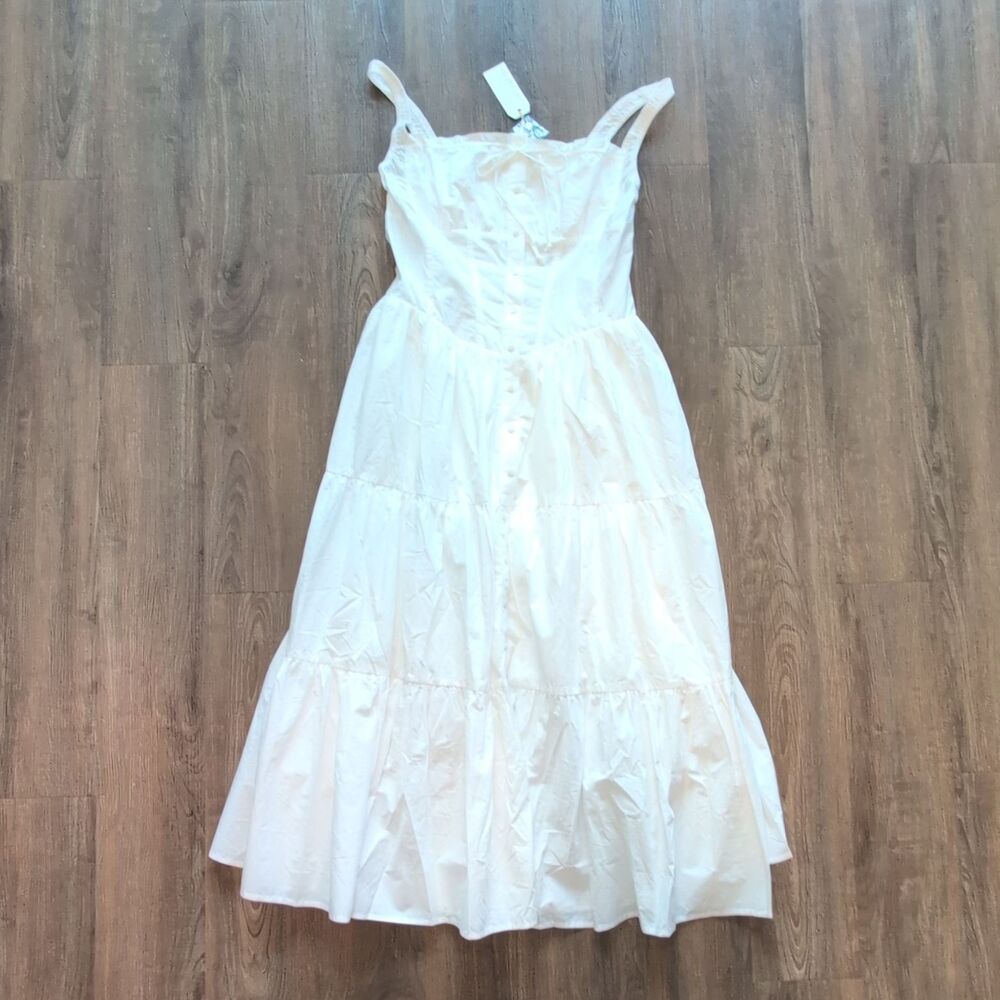 By Together White Square Neck A-Line Strappy Smocked Button Midi Dress Size M